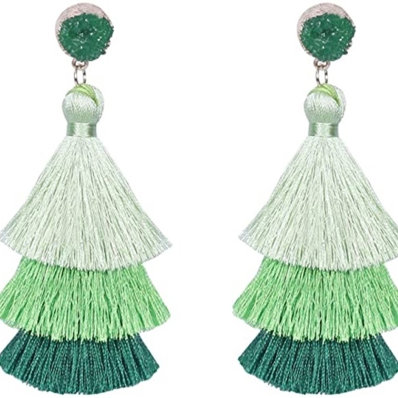 Druzy Tassel Layered Long Large Bohemian Earrings - Picture 4 of 6